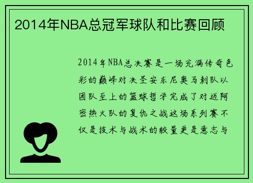 2014年NBA总冠军球队和比赛回顾